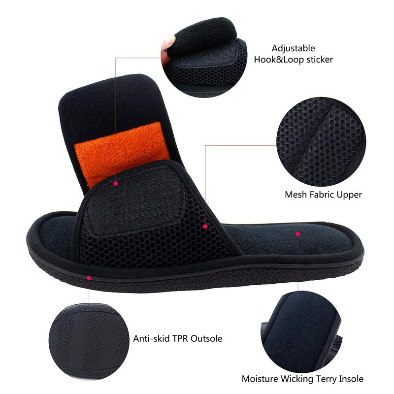 WALKFUN Adjustable House Slippers for Men Open Toe Breathable Indoor Slip on Mens Slides Sandals with Memory Foam for Bedroom,Patio(13-14,Black) - Image 4